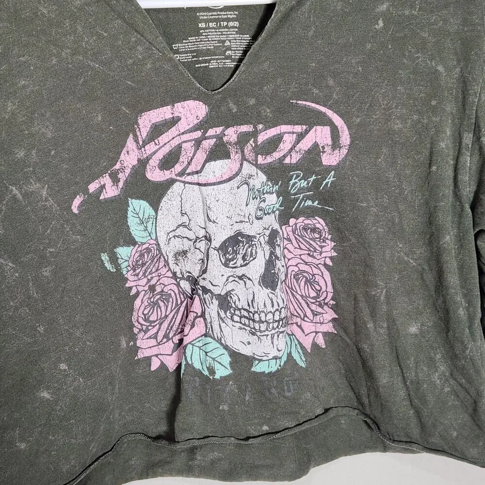 Poison Skull Rose Graphic Crop Top Tee Acid Wash Olive Green XS Rock Band Shirt